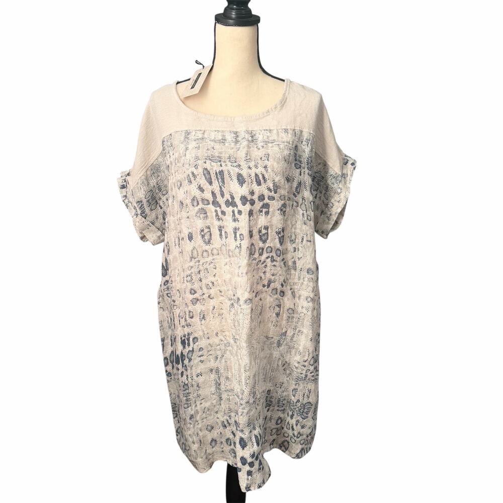 Lungo L'arno Puro Lino NEW Cream Blue 100% Linen Shift Dress Sz 1X XL Beachy